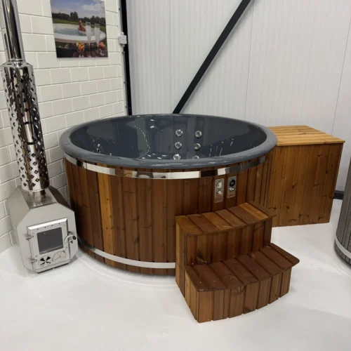 Barrelsauna 2,80 Meter, Q-Barrel 2,8m | Holzbefeuerte Hottub Grau Q tub XL Extern 2