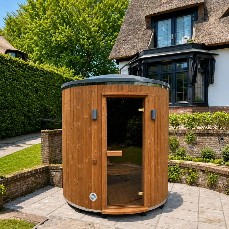 Ton sauna in een mooie tuin Ton sauna levering en plaatsing