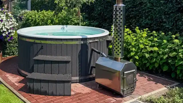 Hottub met externe houtkachel van RVS 316 naast het bad