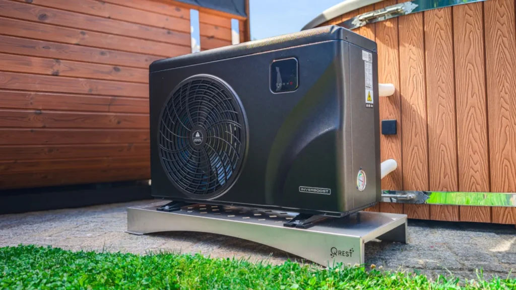 Pompe à chaleur Inverboost sur un socle en inox à côté d'un hot tub